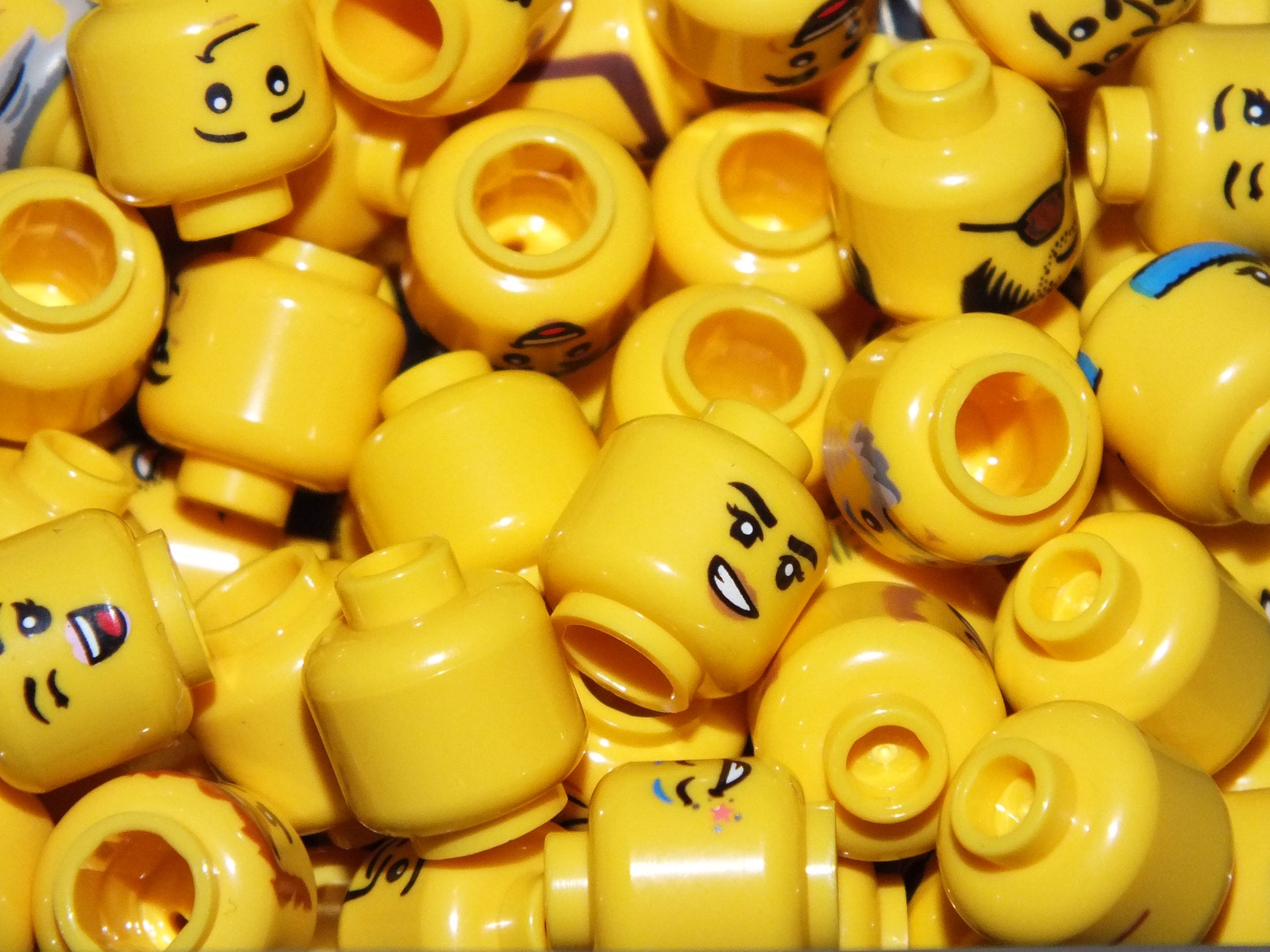 lego yellow bundle, lego female happy, lego female sad, lego male happy, lego male sad, lego yellow kid head, lego yellow old man head, lego yellow head old lady