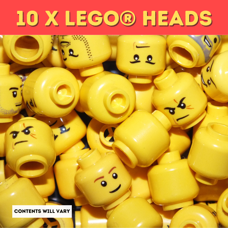 10 yellow lego heads, 10 lego heads, 10 minifigure heads, flesh minifigure heads, yellow heads