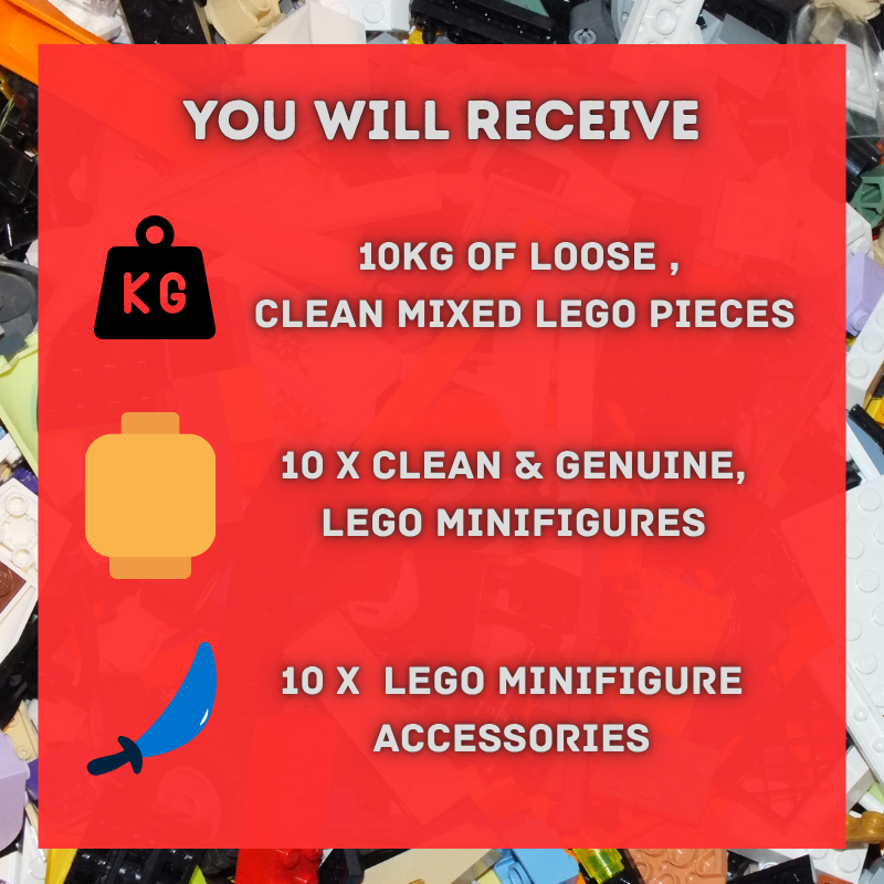 10kg loose bricks, 10kg loose lego pieces, loose lego blocks10 x minifigures, two lego minifigures, 10 lego minifigure accessories 