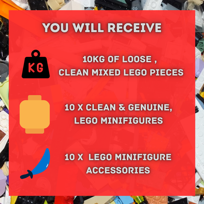 10kg loose bricks, 10kg loose lego pieces, loose lego blocks10 x minifigures, two lego minifigures, 10 lego minifigure accessories 