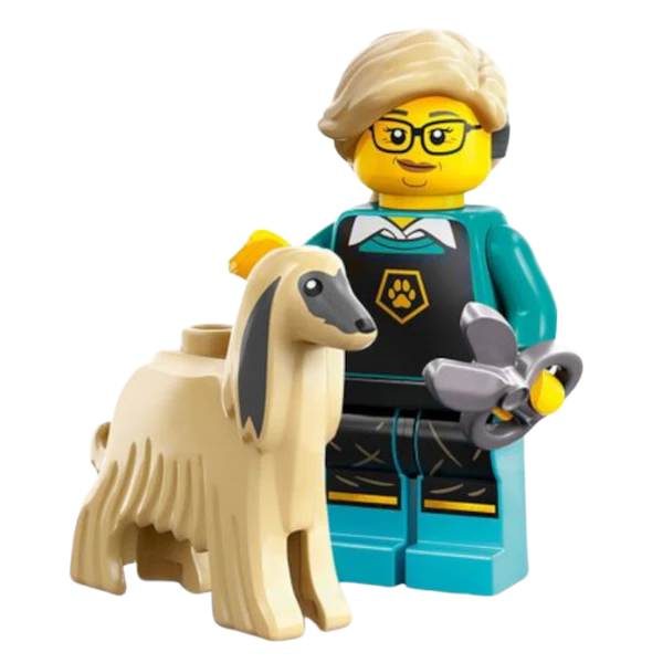 LEGO® Minifigure Series 25 pet groomer with blue uniform, holding grooming tools, part of collectible LEGO Minifigures.
