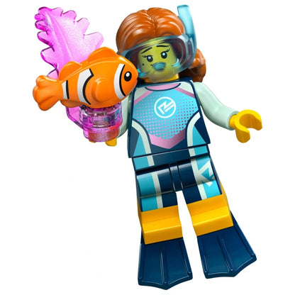 LEGO® Minifigure Series 29 diver collectible minifigure from Bits and Blocks, wearing a wetsuit and diving gear.
